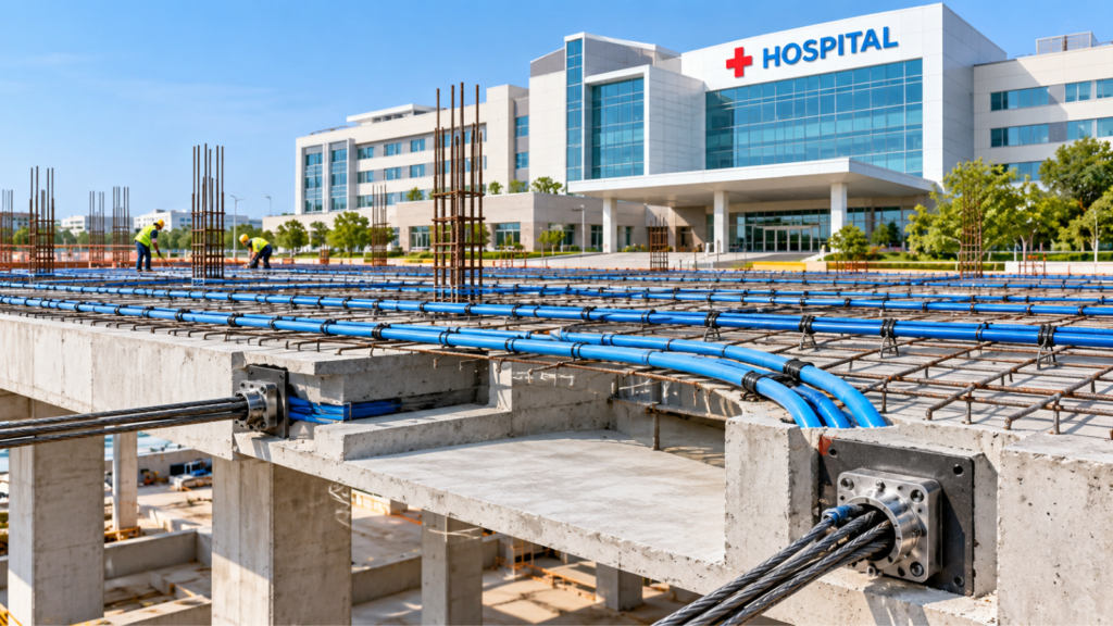 Post-tensioning application in a hospital construction project with steel tendons installed in a concrete slab.