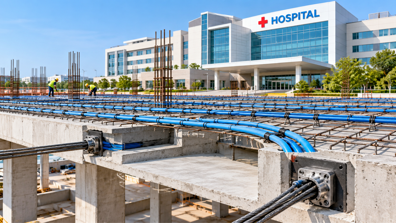 Post-tensioning application in a hospital construction project with steel tendons installed in a concrete slab.